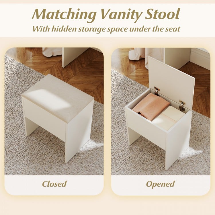 Vanity stool with padded seat and hidden storage, perfect for organizing makeup essentials under the seat.