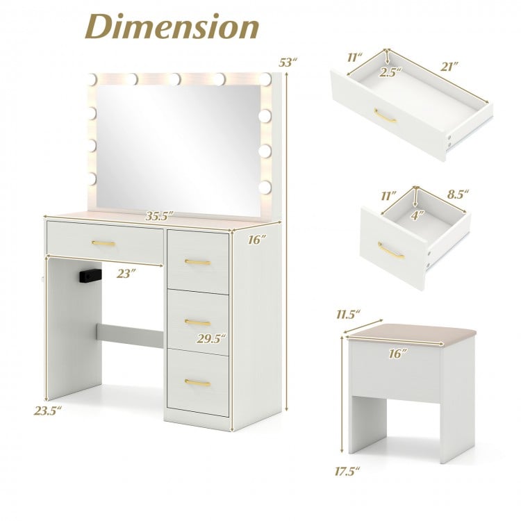 Vanity desk with lighted mirror, ample storage, and power outlets, designed for makeup application and convenience.