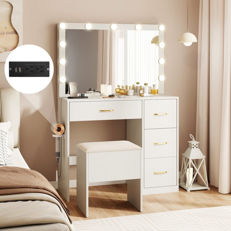 Vanity desk with lighted mirror and power outlets, featuring ample storage and a padded stool for makeup application.