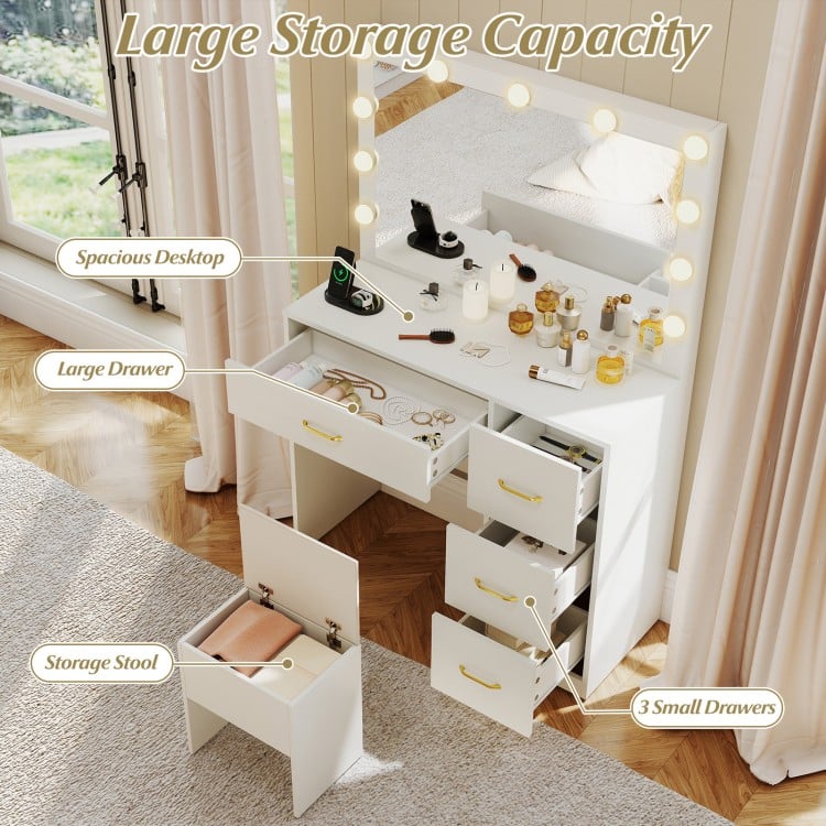 Vanity desk in white with large mirror, ample storage including a large drawer and 3 small drawers, and a stool.