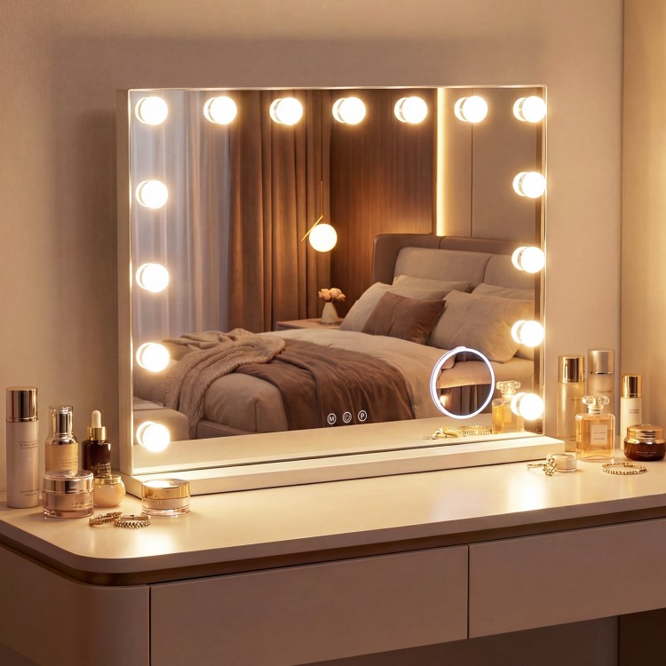 Vanity mirror with lights showcasing 3 color modes, adjustable brightness, and a detachable 10X magnifying mirror.