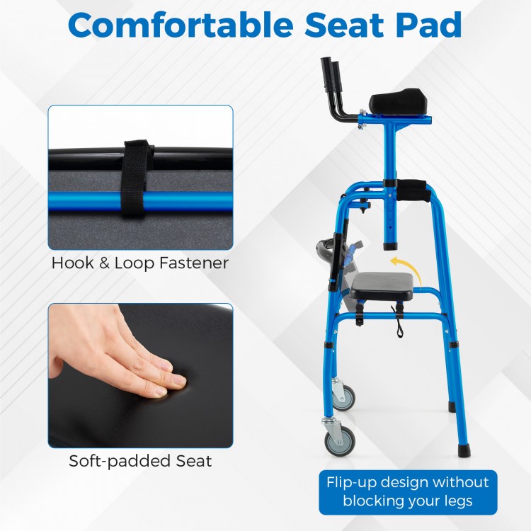 Soft-padded seat cushion of the Versatile Rolling Walker with adjustable armrests for rehabilitation training and.