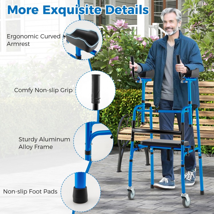 Versatile rolling walker in navy with ergonomic armrests, adjustable height, and sturdy aluminum frame for.