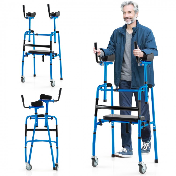Versatile rolling walker with adjustable height, foldable design, and padded armrests for rehabilitation training.