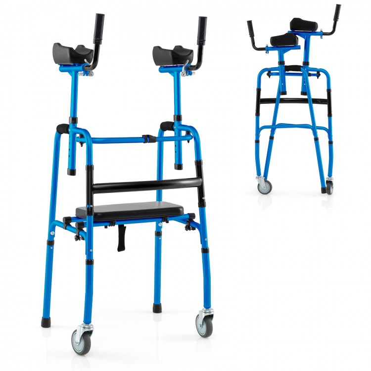 Versatile rolling walker in navy with adjustable armrests, foldable design, and padded seat for rehabilitation training.