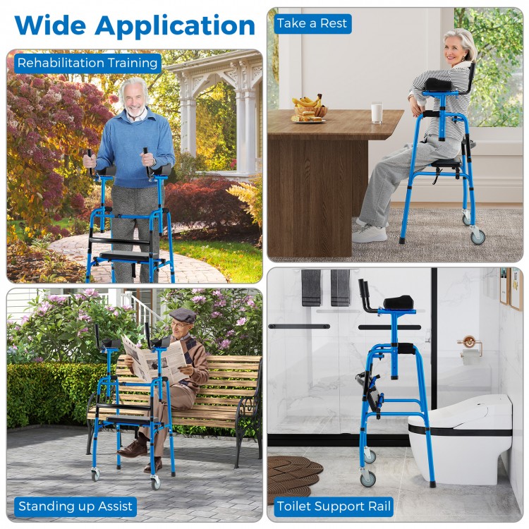 Versatile rolling walker in navy with adjustable height, padded seat, and armrests for rehabilitation training and.