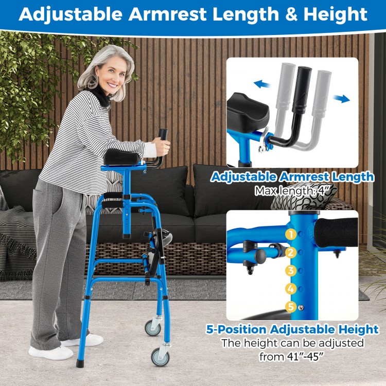 Versatile rolling walker in navy with adjustable armrests and height, ideal for rehabilitation and outdoor use.
