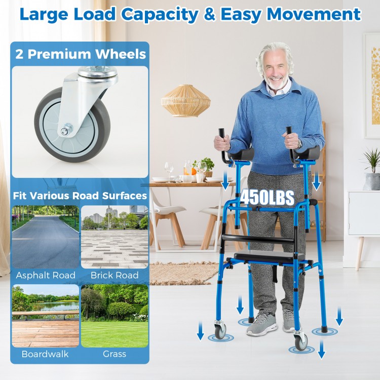 Versatile rolling walker in navy with adjustable height, soft seat cushion, and 450 lbs capacity for rehabilitation use.