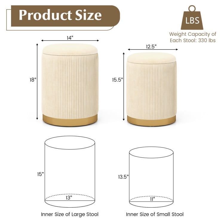 Stackable velvet and linen storage ottoman set of 2 with gold stainless steel base, ideal for living room or bedroom.