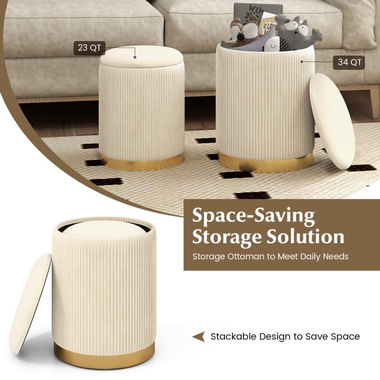 Stackable storage ottoman set of 2 in velvet and linen fabric with gold stainless steel ring, ideal for living room use.