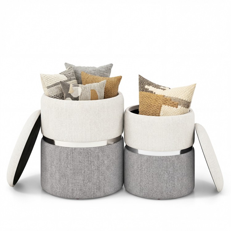 Stackable gray velvet/linen storage ottoman set of 2 with gold stainless steel ring, ideal for living room or bedroom.