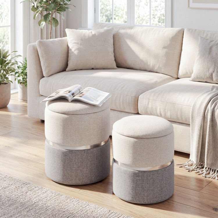 Stackable gray velvet and linen storage ottoman set of 2, featuring a gold stainless steel ring, ideal for living room.