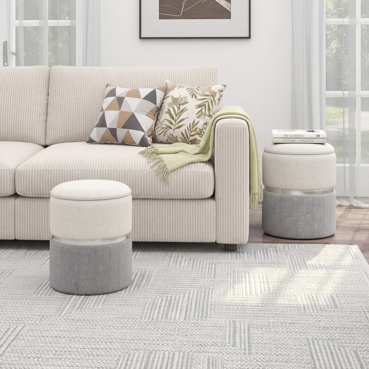 Gray velvet and linen fabric storage ottoman set of 2, stackable design for versatile use in living room or bedroom.