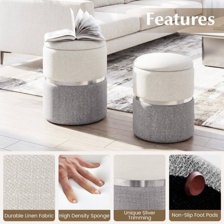 Stackable gray storage ottoman set of 2 with velvet/linen fabric, gold stainless steel trim, perfect for living room.