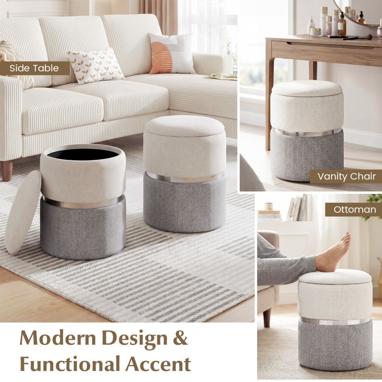 Stackable gray velvet/linen storage ottoman set of 2, versatile for seating, footrest, or side table in any room.