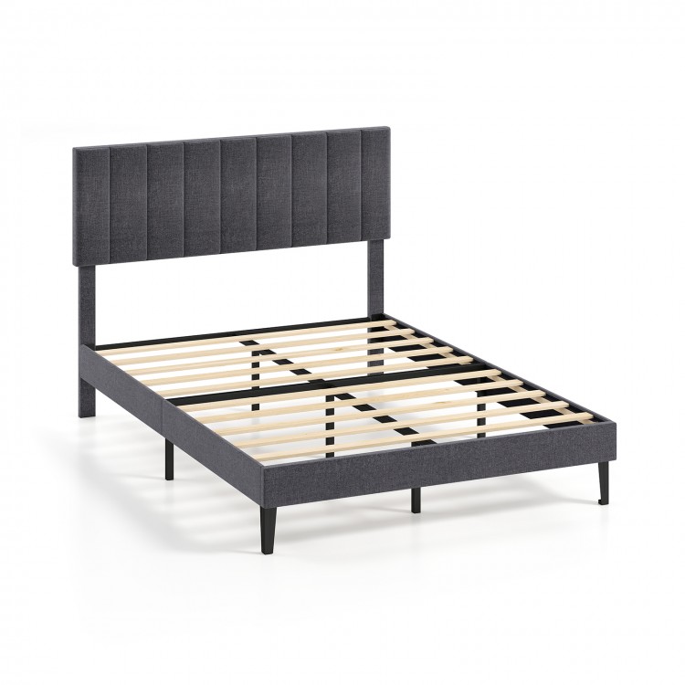 Full-size velvet upholstered platform bed with adjustable headboard, wooden slats, and sturdy support legs for comfort.