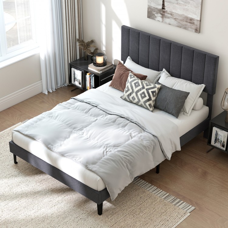 Full-size velvet upholstered platform bed with adjustable headboard, featuring elegant vertical channels and ample.