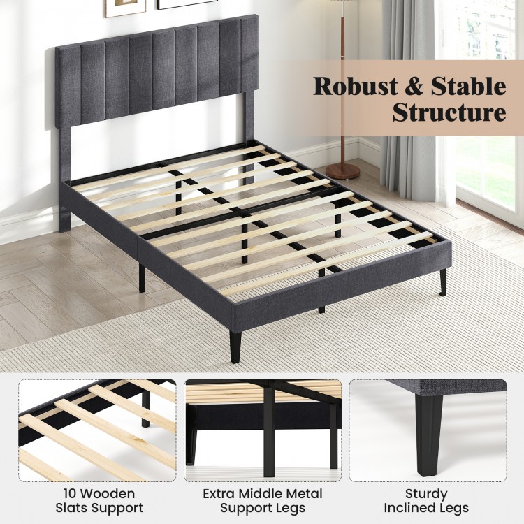 Full view of the velvet upholstered platform bed with adjustable headboard, featuring sturdy wooden slats and metal.