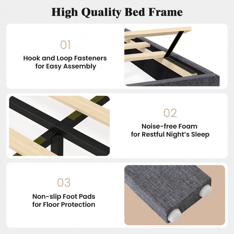 Velvet upholstered platform bed with adjustable headboard, noise-free foam, and non-slip foot pads for stability.