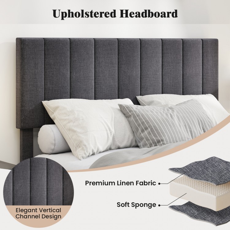 Upholstered headboard in premium linen fabric with vertical channel design, adjustable height for comfort and style.