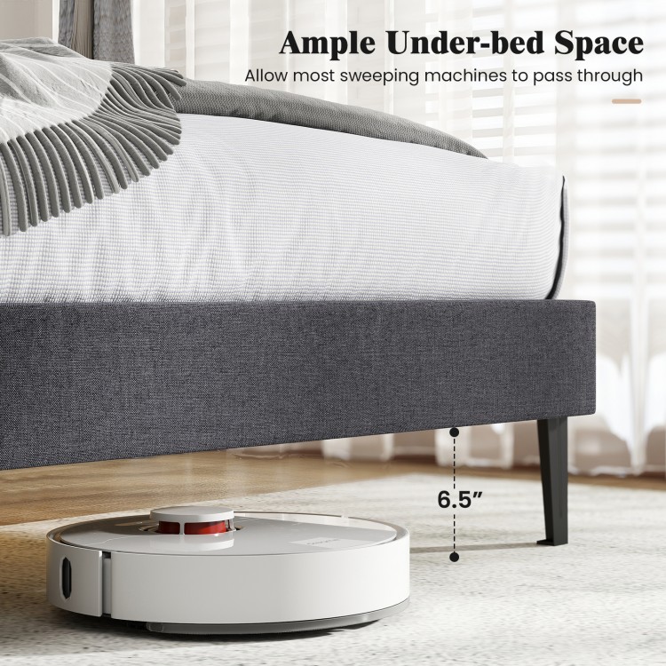 Velvet upholstered platform bed with adjustable headboard, featuring ample under-bed space for cleaning machines.