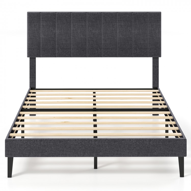 Full-size velvet upholstered platform bed with adjustable vertical channel headboard and sturdy wooden slats for.