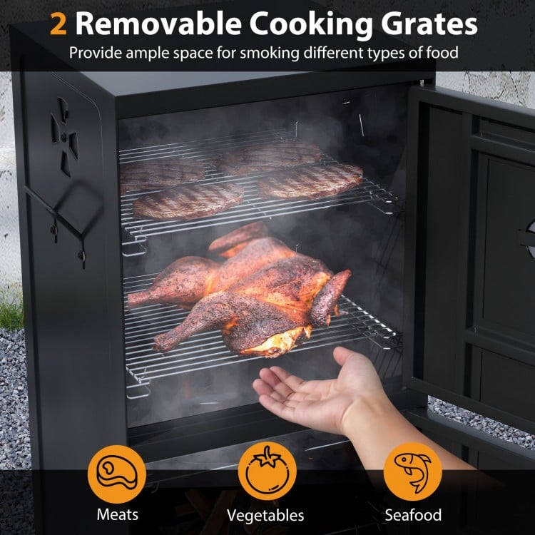 Vertical outdoor barbeque grill with two removable cooking grates for smoking meats, vegetables, and seafood.