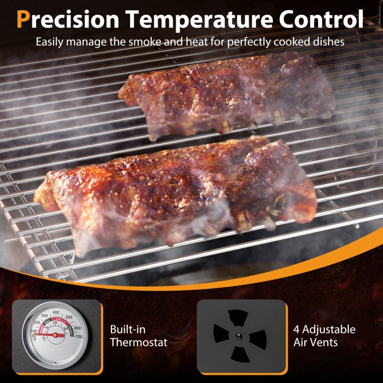 Vertical 2-tier outdoor barbeque grill with built-in thermostat and adjustable air vents for precise cooking control.