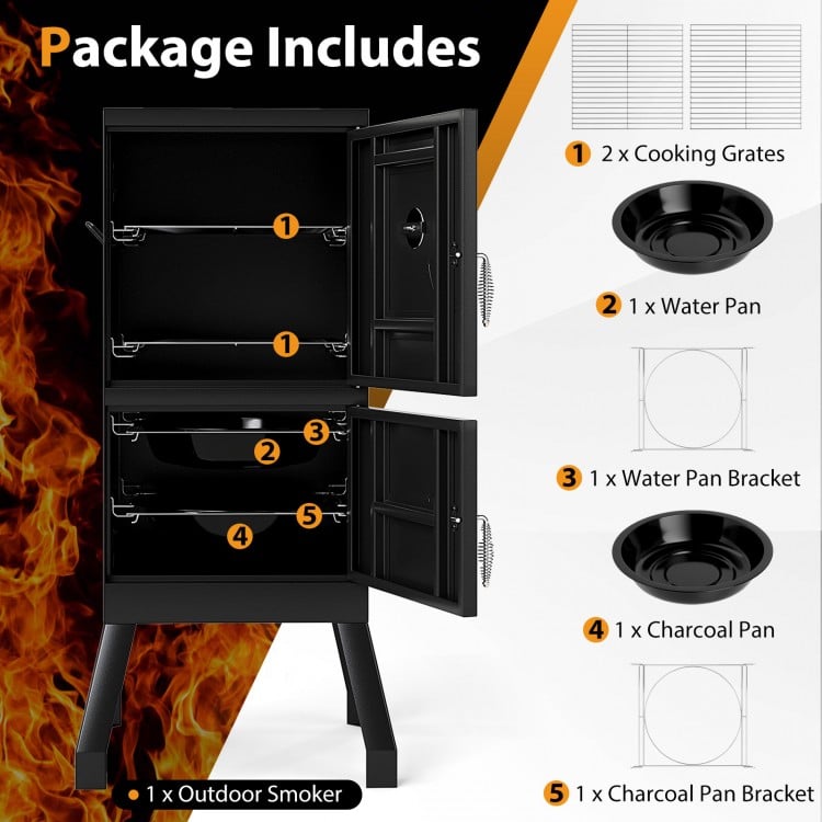 Vertical outdoor barbeque grill with two cooking grates, temperature gauge, and separate doors for easy access to water.