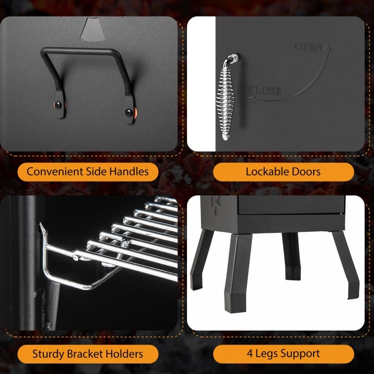 Vertical 2-tier outdoor barbeque grill with lockable doors, adjustable vents, and sturdy legs for stable cooking.
