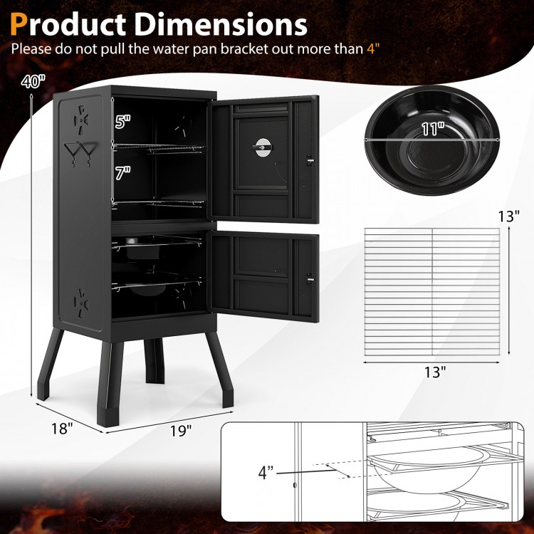Vertical 2-tier outdoor barbeque grill with temperature gauge, featuring removable cooking grates and lockable doors.