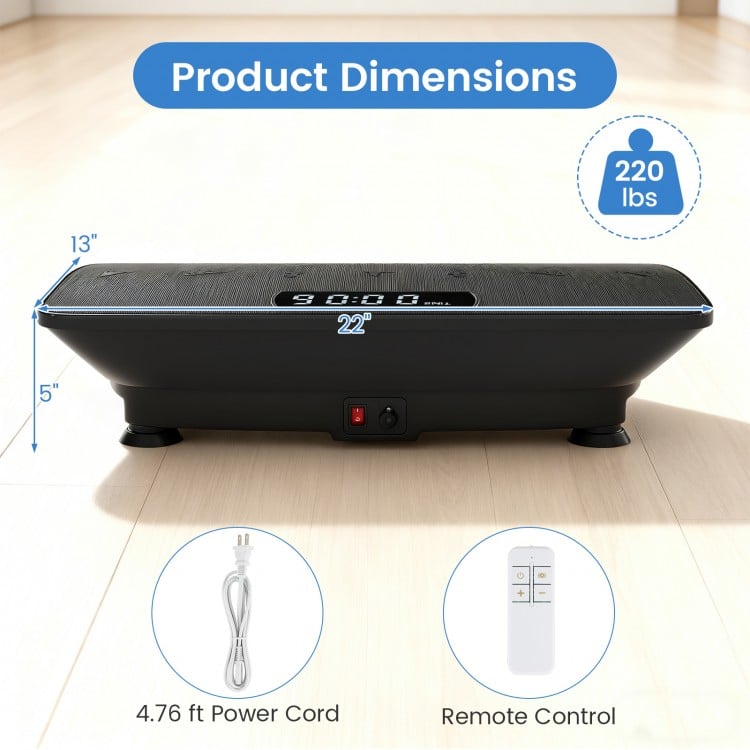 Vibration plate exercise machine in black, featuring dimensions of 22"x5"x13", with remote control and power cord.