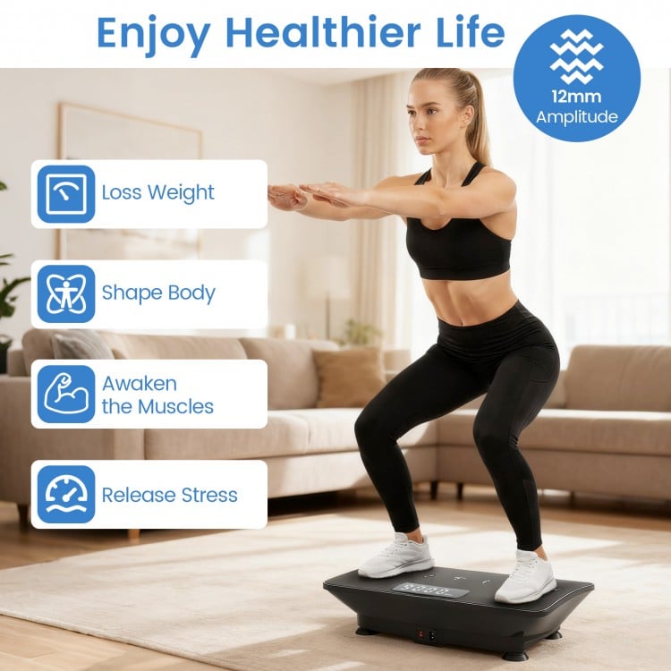 Vibration plate exercise machine in black with gravity sensor, ideal for home workouts and supports up to 440 lbs.
