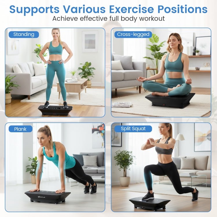 Vibration plate exercise machine showing various workout positions, featuring a durable black design for home use.