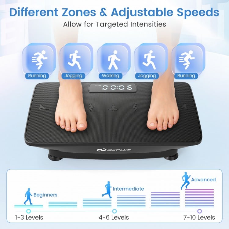 Vibration plate exercise machine in black with adjustable speeds and gravity sensor for personalized workouts at home.