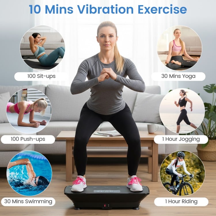 Vibration Plate Exercise Machine in black, featuring a rubber surface, remote control, and gravity sensor for home.