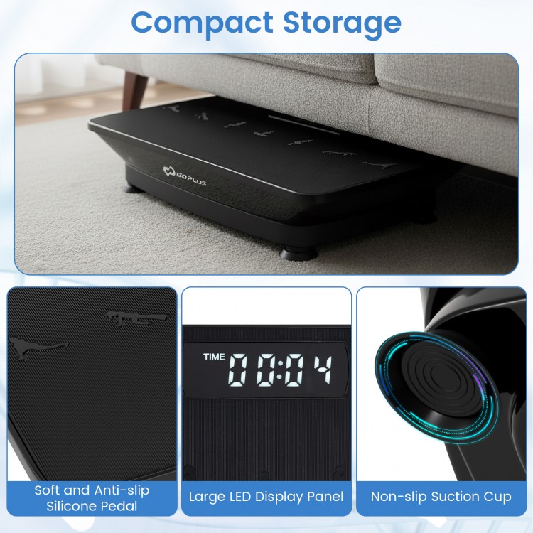 Vibration plate exercise machine in black with a large LED display, compact for under-bed storage and supports 440 lbs.