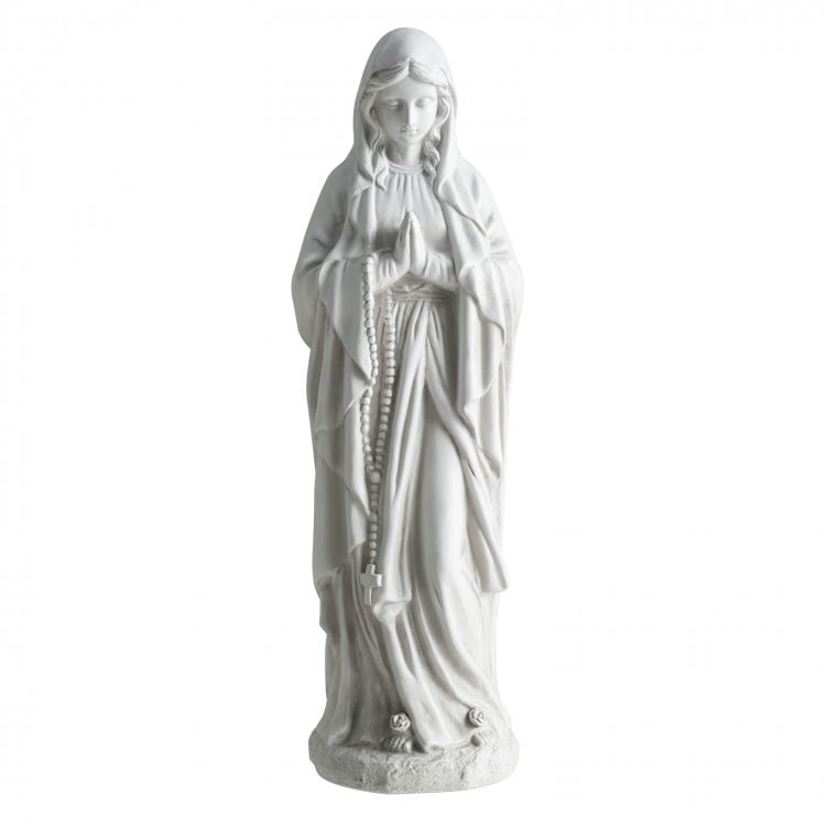 Virgin Mary statue 29.5 inches tall in gray, made from magnesium oxide, ideal for outdoor religious decor.