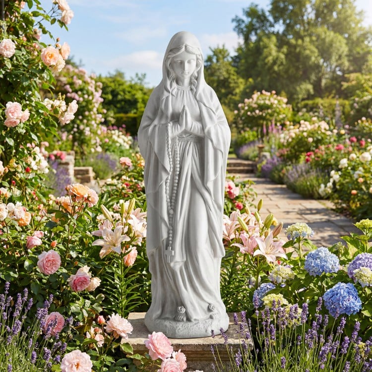 Virgin Mary statue 29.5 inches tall in gray, made from magnesium oxide, ideal for outdoor religious decor in gardens.