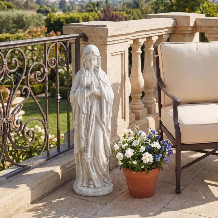 29.5-inch Virgin Mary statue in gray, made from magnesium oxide, perfect for outdoor religious decoration.