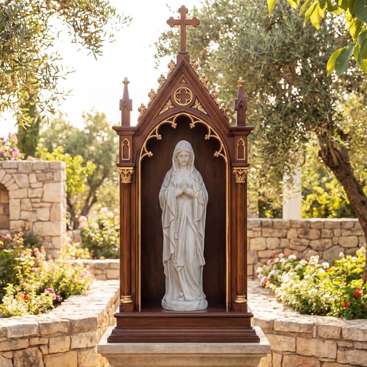 Virgin Mary statue, 29.5 inches tall, made from gray magnesium oxide for outdoor gardens and religious displays.