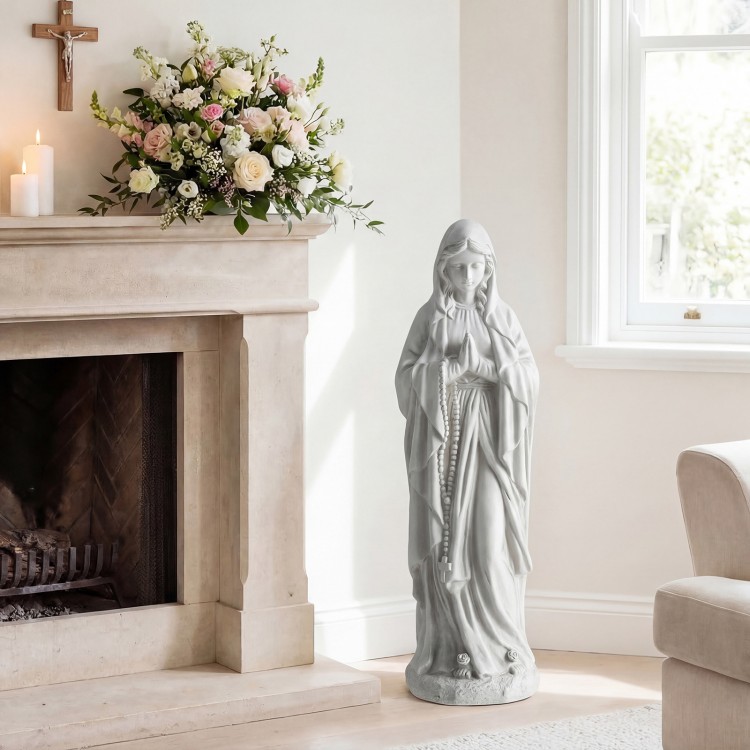 Virgin Mary statue 29.5 inches tall in gray, made from magnesium oxide, ideal for home or garden decoration.