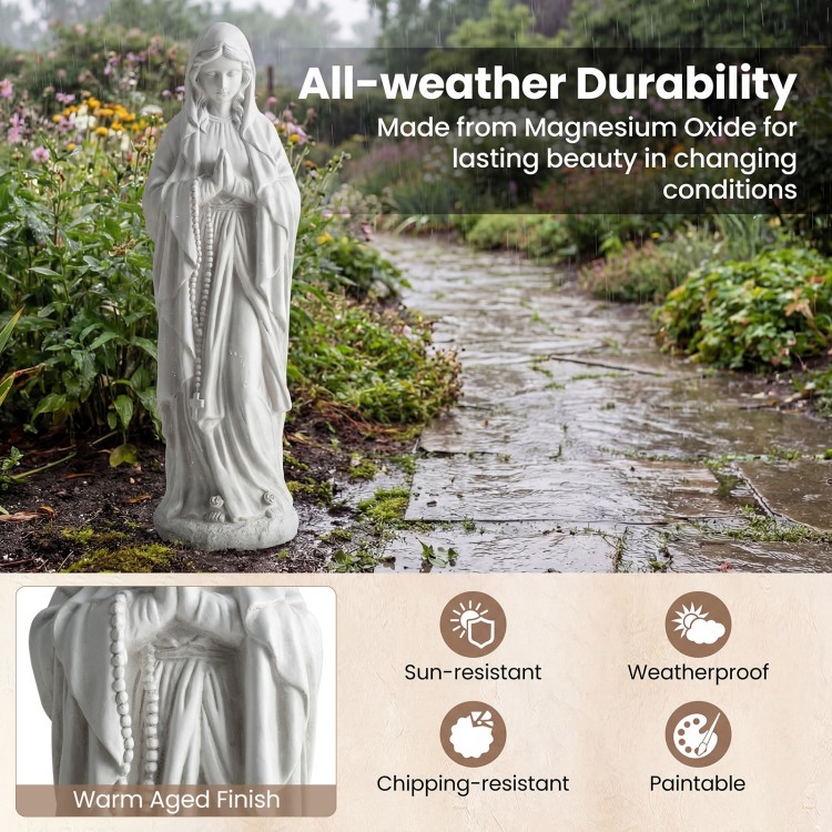 Virgin Mary statue 29.5 inches tall, made from magnesium oxide, features a warm aged finish for outdoor gardens.