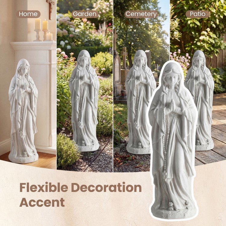Virgin Mary statue 29.5 inches tall in gray, made from magnesium oxide, ideal for garden or patio decoration.