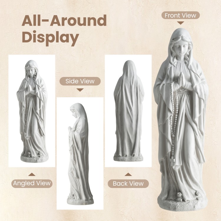 Virgin Mary statue in gray, 29.5 inches tall, showcasing serene details and vintage style for outdoor decoration.