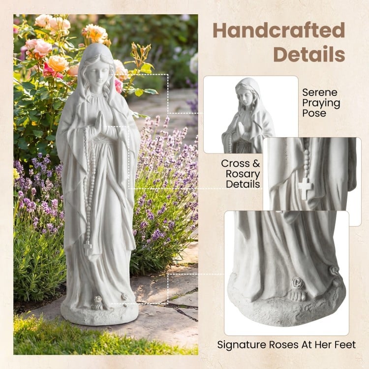 Virgin Mary statue in serene praying pose, 29.5 inches tall, made of gray magnesium oxide for outdoor durability.