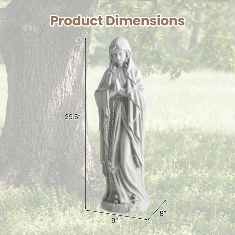 29.5-inch Virgin Mary statue in gray, made from magnesium oxide, ideal for outdoor religious decor and garden focal.