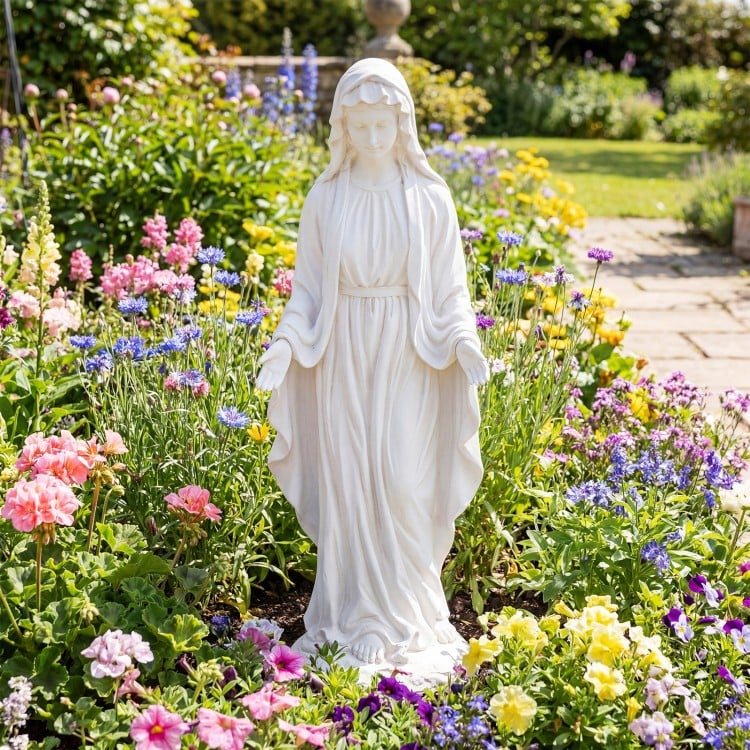 Virgin Mary statue 29.5 inches tall in white, featuring a serene expression, surrounded by colorful flowers in a garden.
