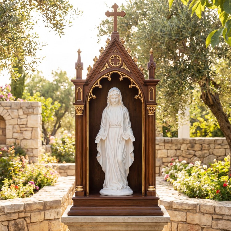 Virgin Mary statue 29.5 inches tall with aged finish, perfect for outdoor gardens and religious decor.