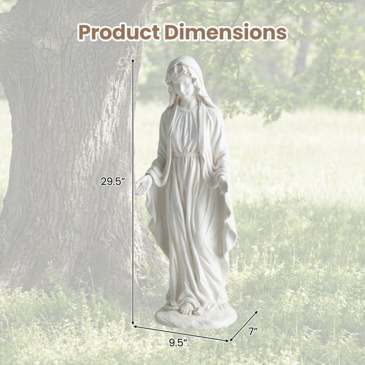 Virgin Mary statue measuring 29.5 inches tall, made from magnesium oxide with an aged white finish for outdoor decor.